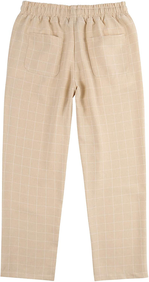 Men Cotton Linen Pajama Pants Elastic Drawstring Waist Sleepwear Plaid Pj Bottoms