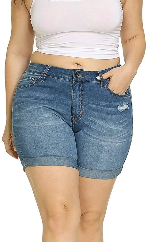 Plus Size Denim Shorts Women High Waisted Ripped Folded Hem Jean Shorts