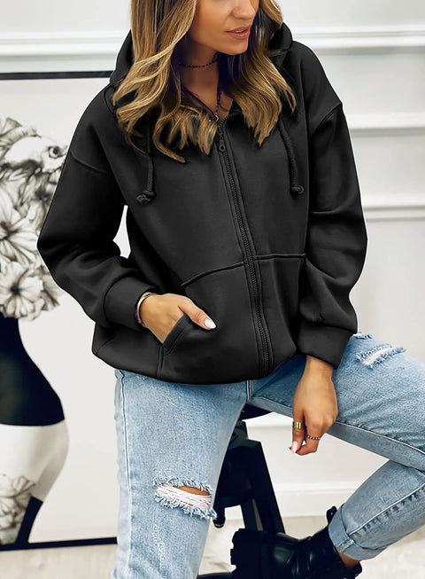Zwurew Women Long Sleeve Full Zip Up Fleece Hoodies Oversized Casual Sweatshirts Drawstring Jacket with Pockets