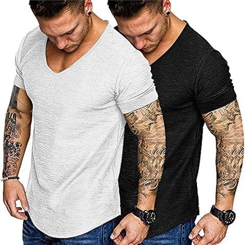 Mens 2 Pack Muscle V Neck T Shirt Fitted Gym Workout Short Sleeve Tee