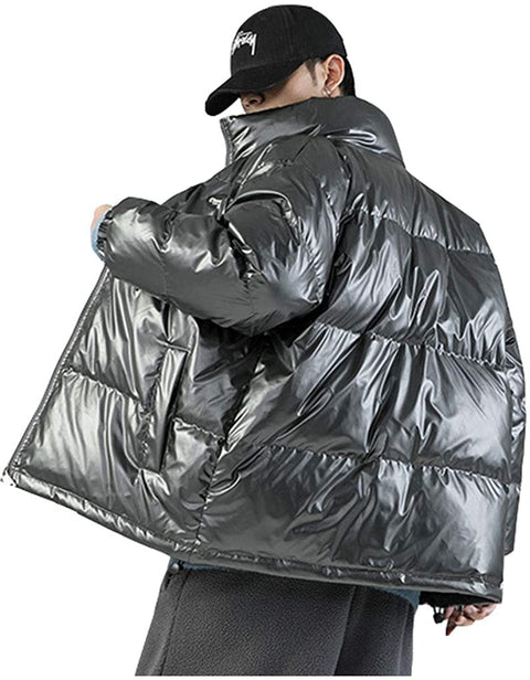 Men's Winter Thick Quilted Outdoor Coat Fashion Stand Collar Metallic Jacket
