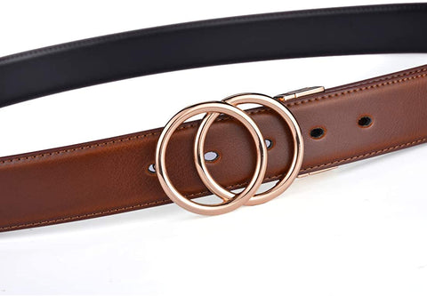 Beltox Women Belt Leather 1.3” Reversible 2 in 1 Rotated 2 Rings Gold Buckle