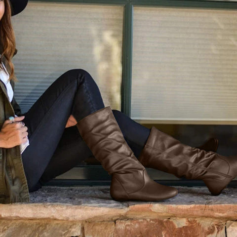katliu Women's Slouchy Mid Calf Boots Zip up Flat Boots