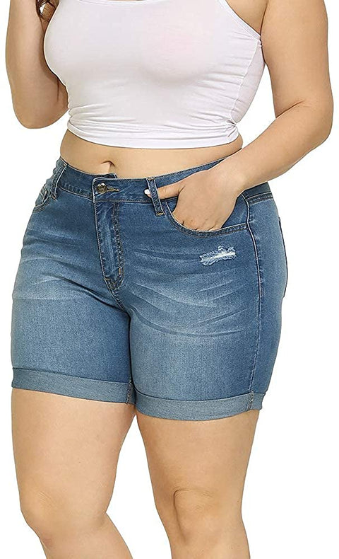 Plus Size Denim Shorts Women High Waisted Ripped Folded Hem Jean Shorts