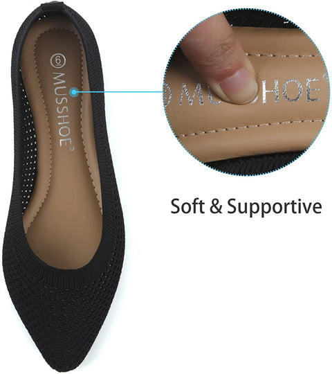 MUSSHOE Flats for Women Mesh Knit Comfortable Women's Flats Memory Foam Slip on Pointed Toe Flats Shoes Women