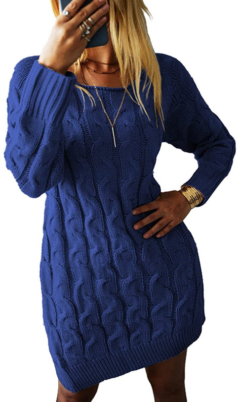Sweater Dress for Women Long Sleeve Cable Knit Casual Crew Neck Mini Dress Warm Chunky Sweater Pullover