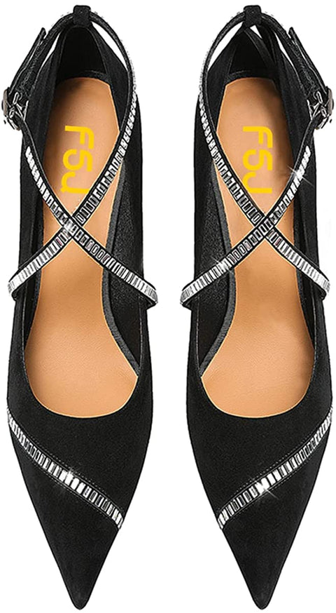 FSJ Women's Pointed Toe High Heels Pumps Crisscross Strappy Crystal Rhinestones Pumps Ladies Ankle Buckle Strap Dress Party Shoes Size 4-15 US
