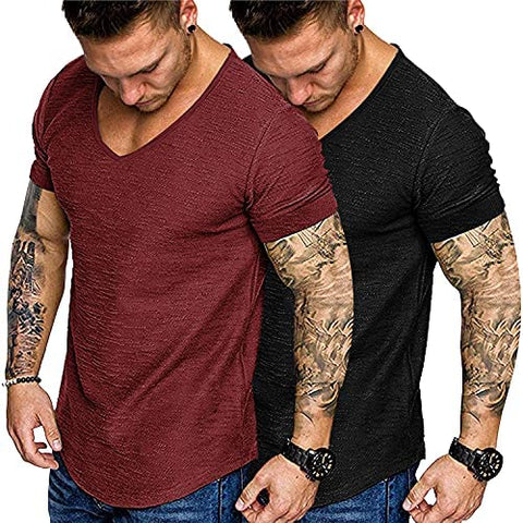Mens 2 Pack Muscle V Neck T Shirt Fitted Gym Workout Short Sleeve Tee