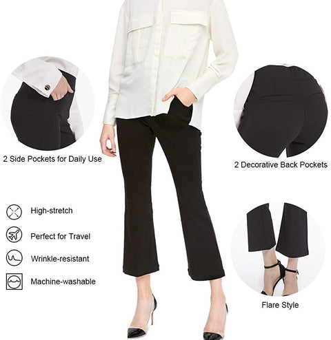 Ginasy Womens Flare Dress Pants Business Casual Crop Work Capris Stretch High Waisted Elastic Pull On Office Trousers