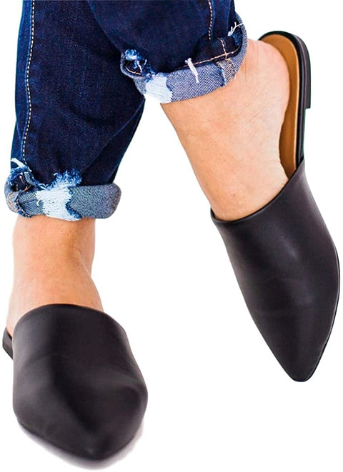 Ruanyu Womens Flat Mules Pointed Toe Slip On Loafer Backless Comfortable Slide Sandals