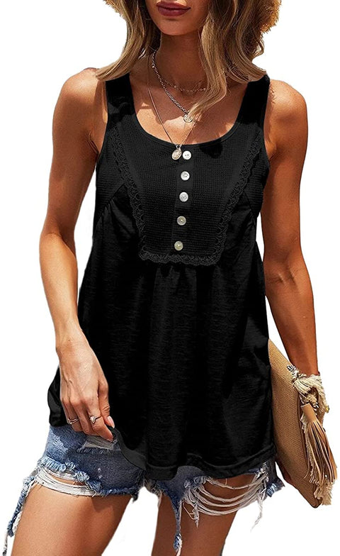 Womens Tank Tops Scoop Neck Waffle Sleeveless Vest Summer Solid Color Lace Cami Tees Shirts