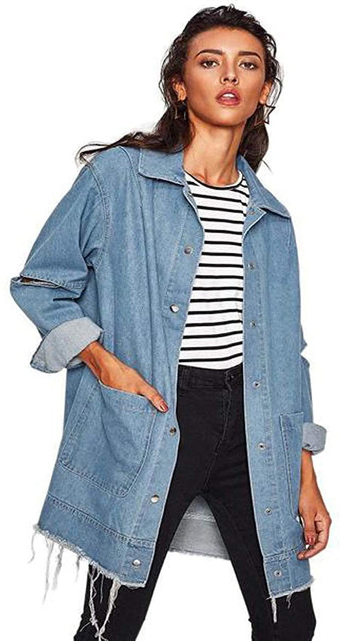 Womens Boyfriend Denim Washed Jacket Loose Jean Jacket Coats with Long Sleeves