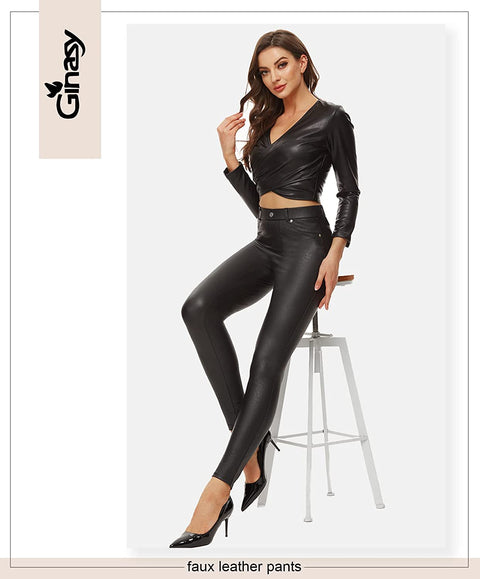 Ginasy Faux Leather Pants for Women High Waisted Stretch Pleather Leggings with Pockets