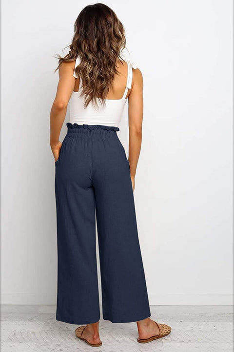 Womens Linen Pants High Waisted Wide Leg Drawstring Casual Loose Trousers with Pockets