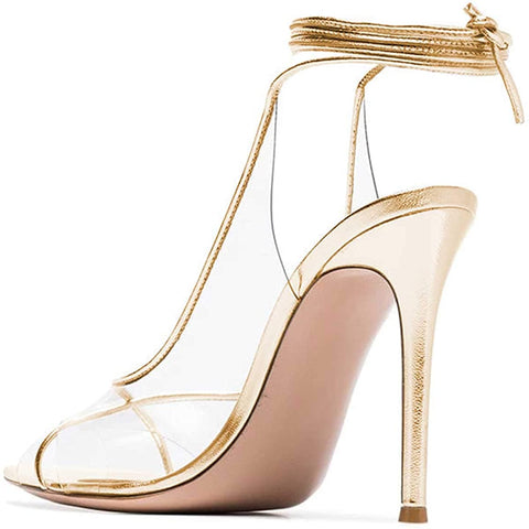 FSJ Women Sexy Stilettos High Heel Strappy Sandals Cross Strap Ankle Wrap Slingback Transparent Wedding Evening Dress Pumps Size 4-15 US