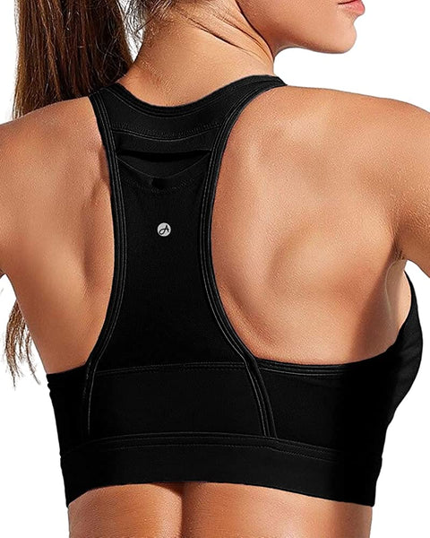 Womens High Impact Sports Bras with Pockets Racerback Crop Tank Tops Athletic Gym Workout Running Bra