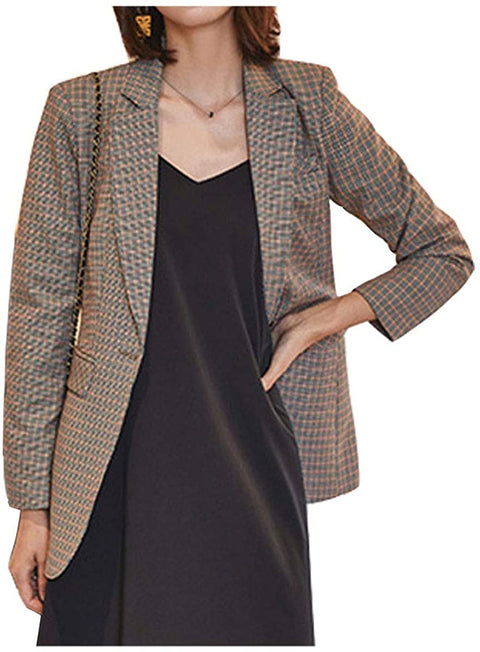 Women's Fashion Plaid Lapel Collar Coat Classic Single Breasted Closure Blazer