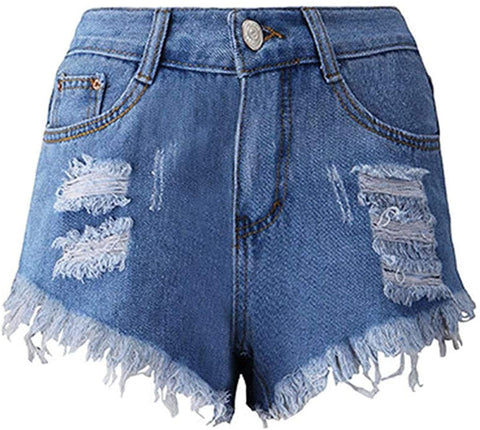 Women's High Waist Ripped Frayed Hem Casual Solid Denim Shorts
