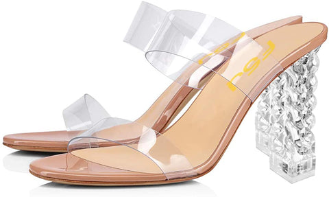 FSJ Women Clear Double Strap Mules Slip On Open Toe Sandals Transparent High Heels Shoes Size 9 Nude