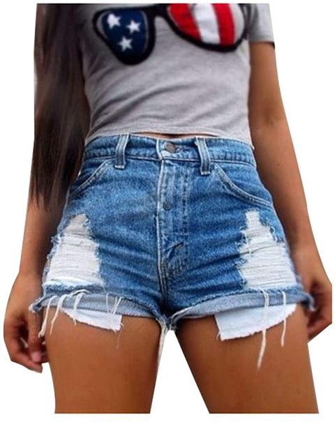 Women's Mid Rise Cut Off Ripped Slim Fit Frayed Hem Junior Washed Denim Shorts