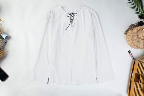Men's Cotton Linen Henley Shirt Long Sleeve Drawstring Casual V Neck Lace-Up Plain Tops
