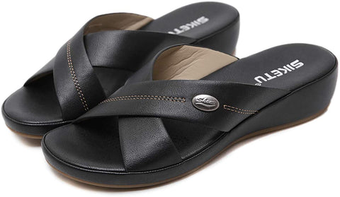 Women's Wedge Sandals Comfortable Soft Leather Platform Shoes Summer Outdoor Open Toe Cross-Strap Slide Sandal