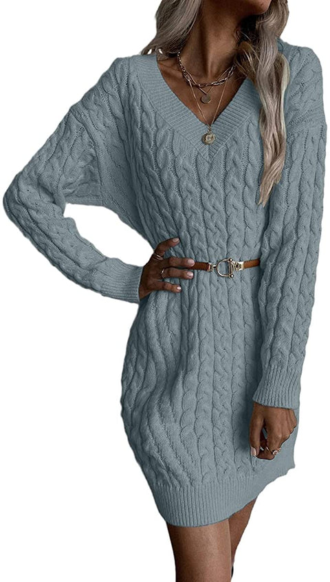 Dyexces Womens Cable Knit Sweater Dress Long Sleeve V Neck Mini Knit Dresses Without Belt Loose Casual Sweaters