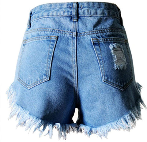 Women's Irregular Frayed Hem High Rise Cut Off Ripped Slim Junior Denim Shorts