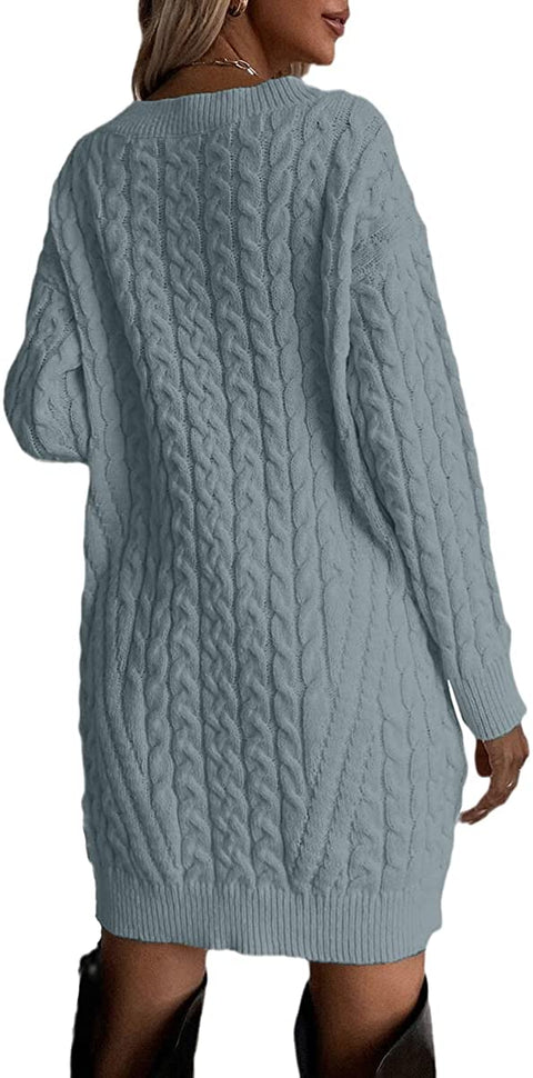 Dyexces Womens Cable Knit Sweater Dress Long Sleeve V Neck Mini Knit Dresses Without Belt Loose Casual Sweaters