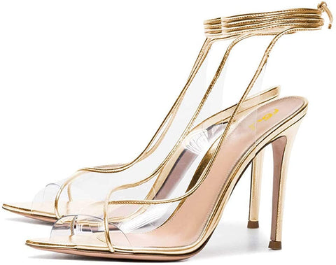 FSJ Women Sexy Stilettos High Heel Strappy Sandals Cross Strap Ankle Wrap Slingback Transparent Wedding Evening Dress Pumps Size 4-15 US