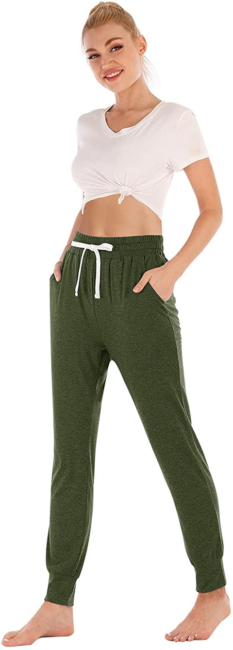 Yoga Pants with Pockets for Women Drawstring High Waisted Pants Loose Workout Joggers Pants Army Green Small