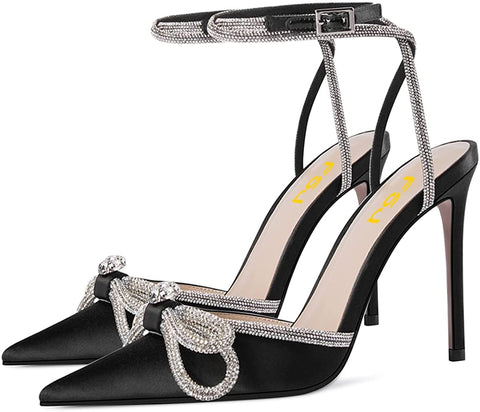 FSJ Women's Pointy Toe Stiletto High Heels Sandals Rhinestones Bowknot Ankle Strap Buckle Heeled Pumps Satin Lace Up Dress Party Shoes Size 4-15 US
