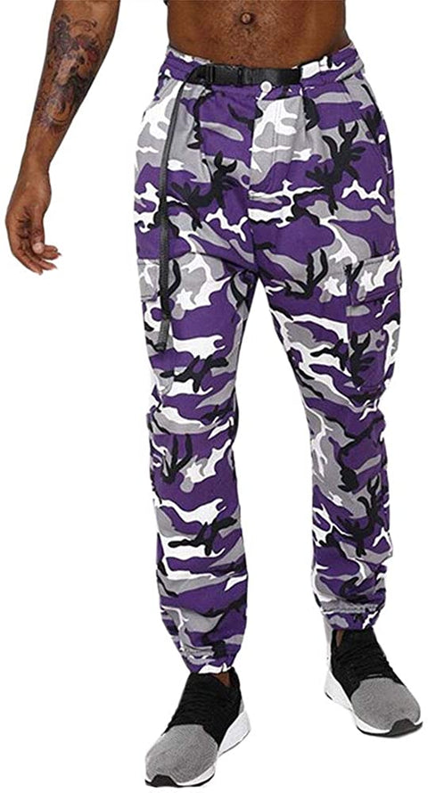Men's Camo Pattern Ankle Cuffed Leg Elastic Belt Waist Outdoor Jogger Pants