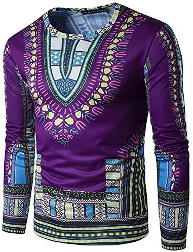 Men's Long Sleeve Causal Dashiki Blouse Slim Fit African Printed Tee Shirt