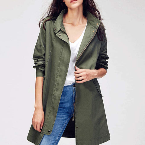 Women's Military Loose Trench Coats Casual Zip Up Long Sleeve Anorak Jacket