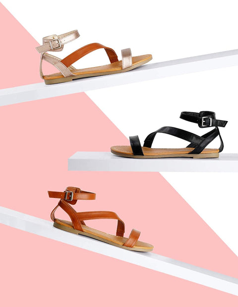 SANDALUP Flat Sandals with Oblique Band Ankle Strap for Women