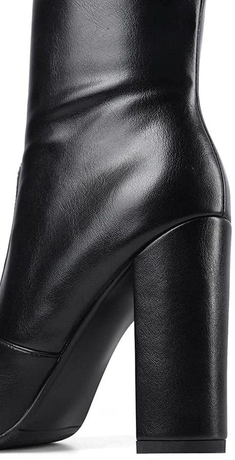 WAYDERNS Women's Winter Pointed Toe Block High Heel Zipper Thigh High Fur Lining Boots 4 Inch