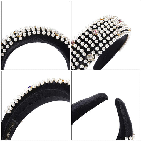 AWAYTR Velvet Padded Pearl Embellished Headband Large Padded Velvet Races Goth Wedding Headpiece for Women (black-1)