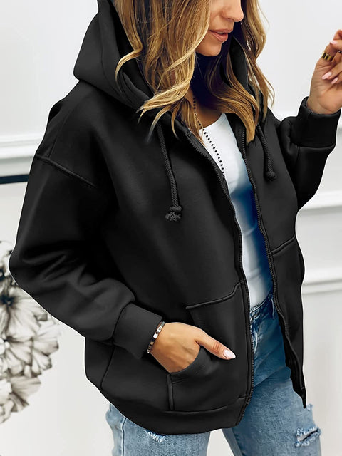Zwurew Women Long Sleeve Full Zip Up Fleece Hoodies Oversized Casual Sweatshirts Drawstring Jacket with Pockets