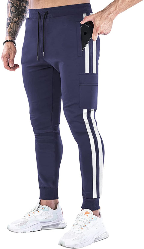 elselect Men's Joggers Cargo Pants Casual Sport Athletic Sweatpants Gym Workout Track Pant with Stripes