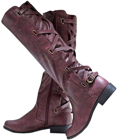 Ruanyu Womens Winter Knee High Boots Riding Strappy Lace Up Low Heel Combat Boots