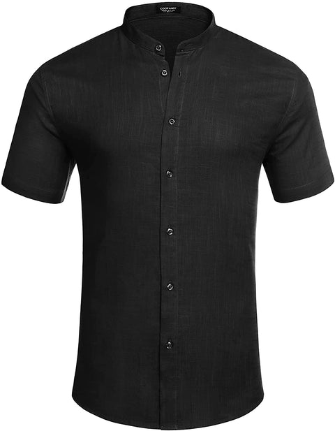 Men's Casual Cotton Shirts Mandarin Collar Short Sleeve Button Down Shirt