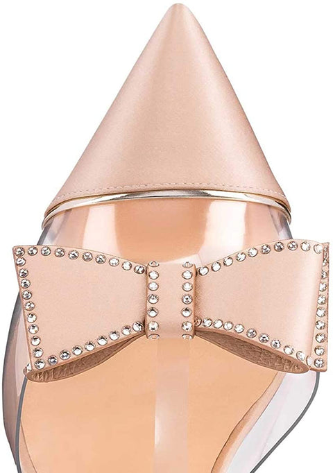 FSJ Women Clear T Strap Pointed Toe Stiletto High Heels Dress Pumps Sandals with Rhinestones Studded Bows Size 4-15 US