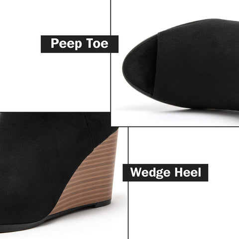 Katliu Women's Wedge Heel Booties Peep Toe Ankle Boots Side Zipper Suede Ankle Boots