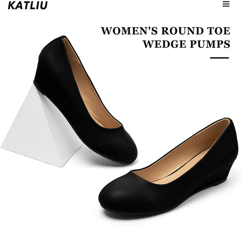 katliu Women Wedge Pumps Comfort Low Heel Pumps Shoes Classic Round Toe Dress Pumps