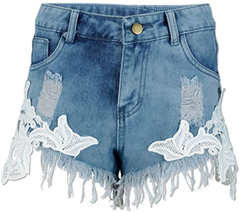 Women's Lace Spliced Ripped Frayed Hem Casual Solid Mid Waisted Denim Shorts