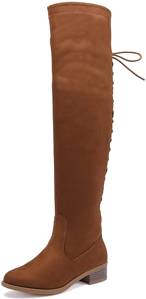 EETTARO Women's Over The Knee Boot Fashion Lace Up Tight High Boots Side Zip Block Heel Riding Booties