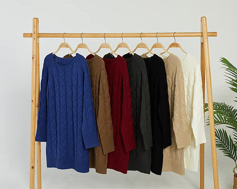 Dyexces Women's Slim Cable Knit Sweater Dress Casual Crew Neck Long Sleeve Warm Sweater Pullover Khaki