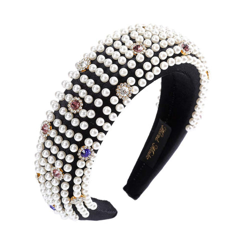 AWAYTR Velvet Padded Pearl Embellished Headband Large Padded Velvet Races Goth Wedding Headpiece for Women (black-1)