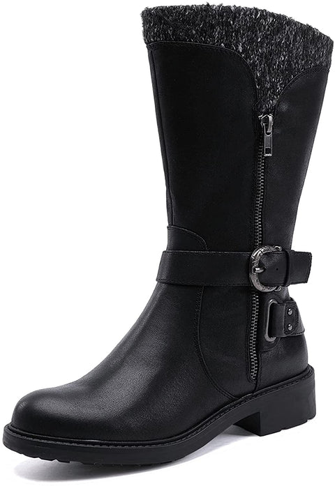 EETTARO Women's Mid Calf Boots Wide Width Fur-Lined Fashion Winter Booties Ladies Roung Toe Side Zip Snow Boot